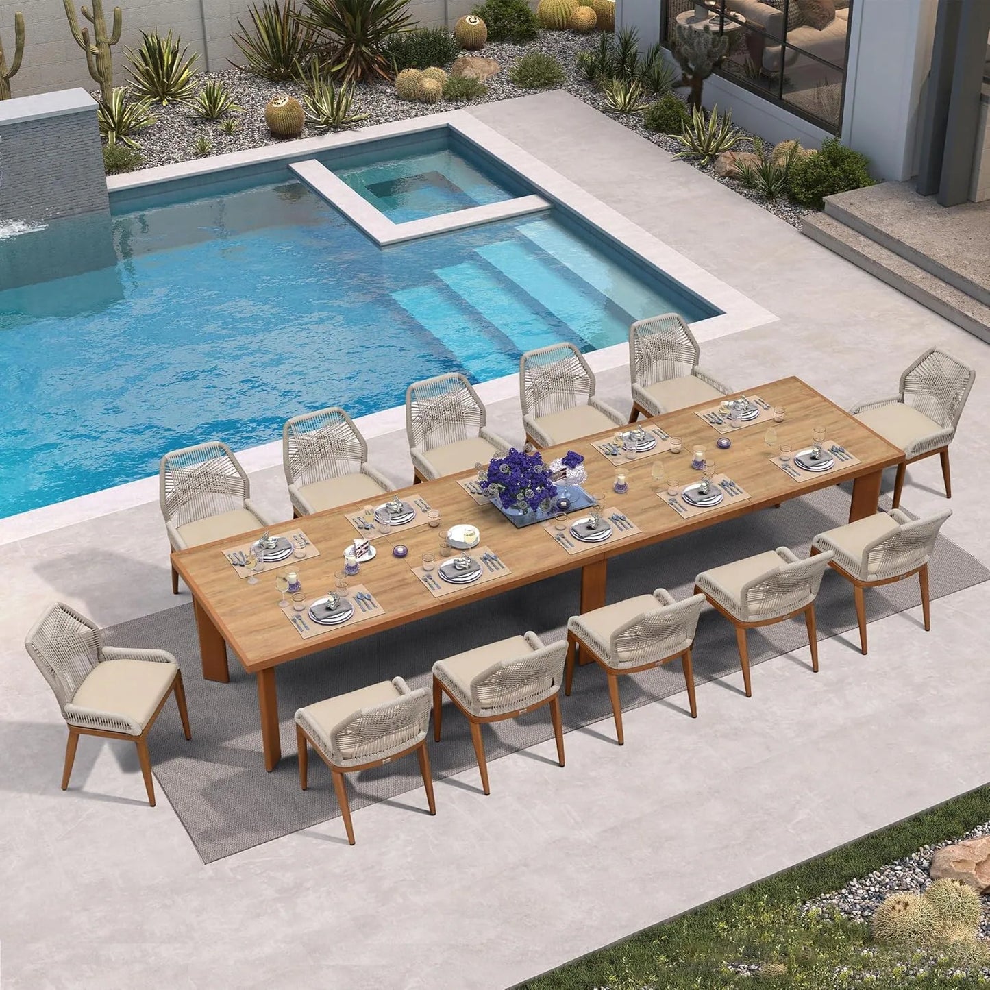 Dining Set Patio Metal Rectangular Table and Wicker Rattan Chairs for outside Porch Modern Outdoor Furniture Sets