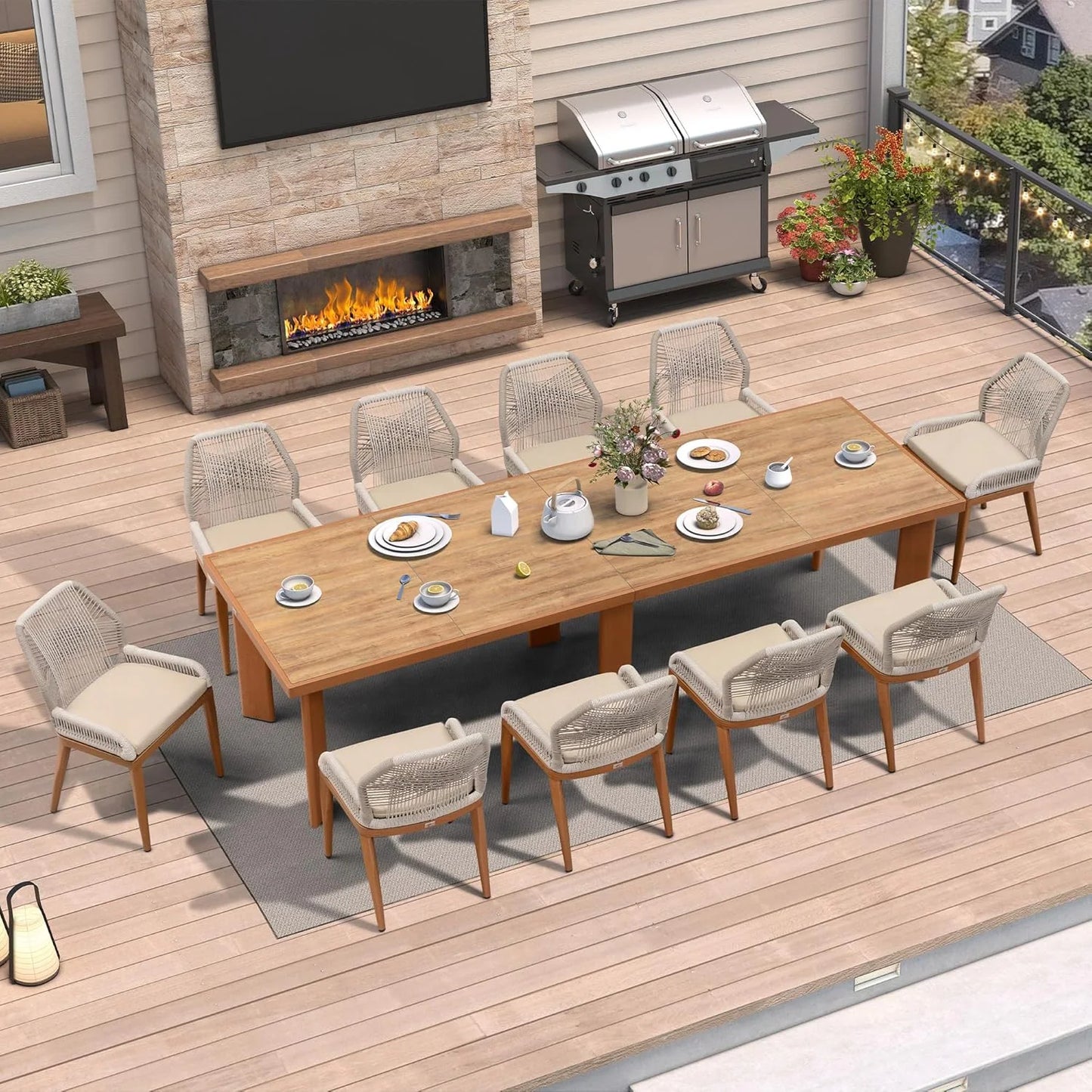 Dining Set Patio Metal Rectangular Table and Wicker Rattan Chairs for outside Porch Modern Outdoor Furniture Sets