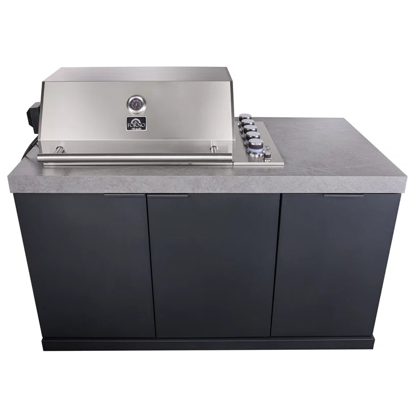 Rimini Outdoor Kitchen 30" BBQ 62,600 BTU, 3 Burners with Sear & Rotisserie, 2.4 Cu.Ft. Beverage Center, Stainless Steel Sink, Black Cabinets & Gray Sintered Stone Countertops
