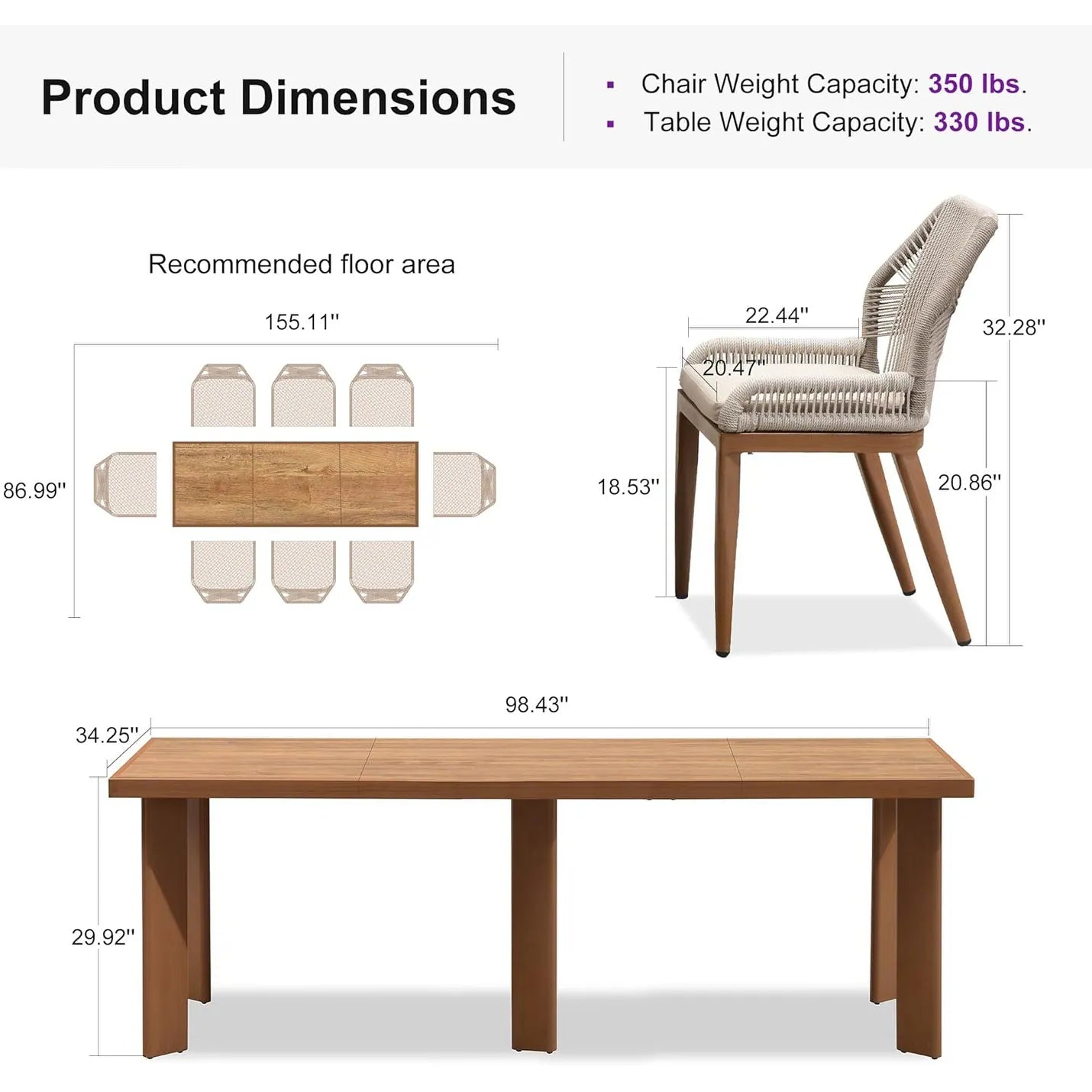 Dining Set Patio Metal Rectangular Table and Wicker Rattan Chairs for outside Porch Modern Outdoor Furniture Sets