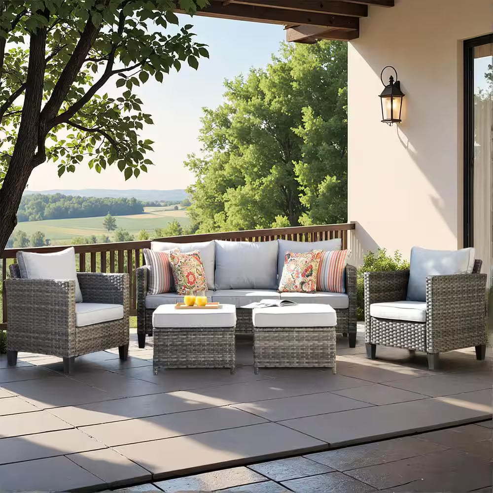 Megon Holly Gray 5-Piece Wicker Outdoor Patio Conversation Seating Sofa Set with Gray Cushions