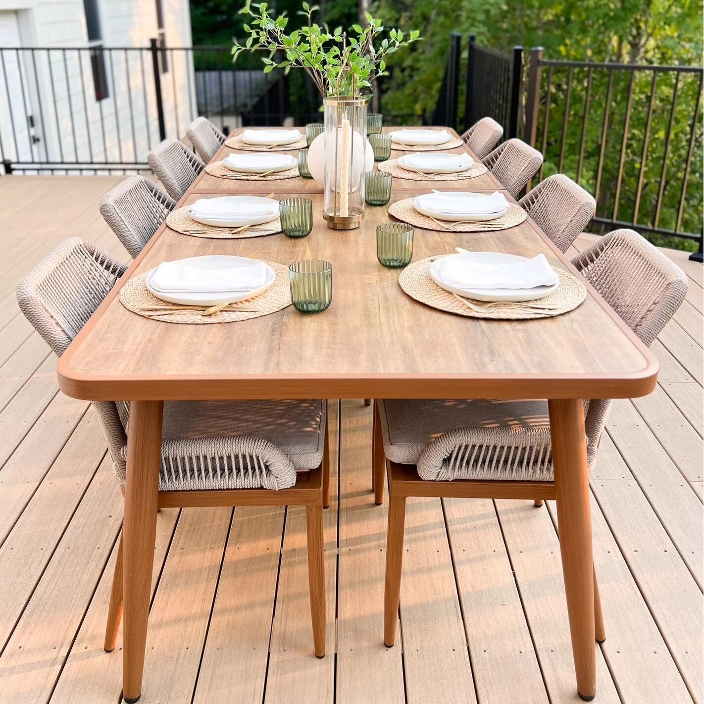 Dining Set Patio Metal Rectangular Table and Wicker Rattan Chairs for outside Porch Modern Outdoor Furniture Sets