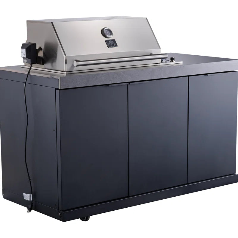Rimini Outdoor Kitchen 30" BBQ 62,600 BTU, 3 Burners with Sear & Rotisserie, 2.4 Cu.Ft. Beverage Center, Stainless Steel Sink, Black Cabinets & Gray Sintered Stone Countertops