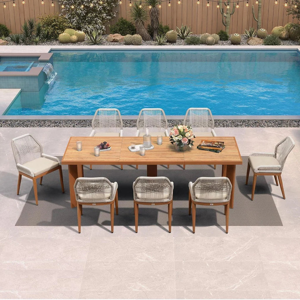 Dining Set Patio Metal Rectangular Table and Wicker Rattan Chairs for outside Porch Modern Outdoor Furniture Sets