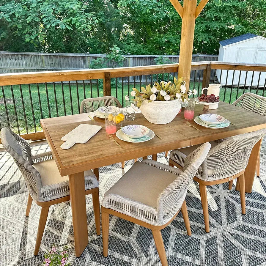 Dining Set Patio Metal Rectangular Table and Wicker Rattan Chairs for outside Porch Modern Outdoor Furniture Sets