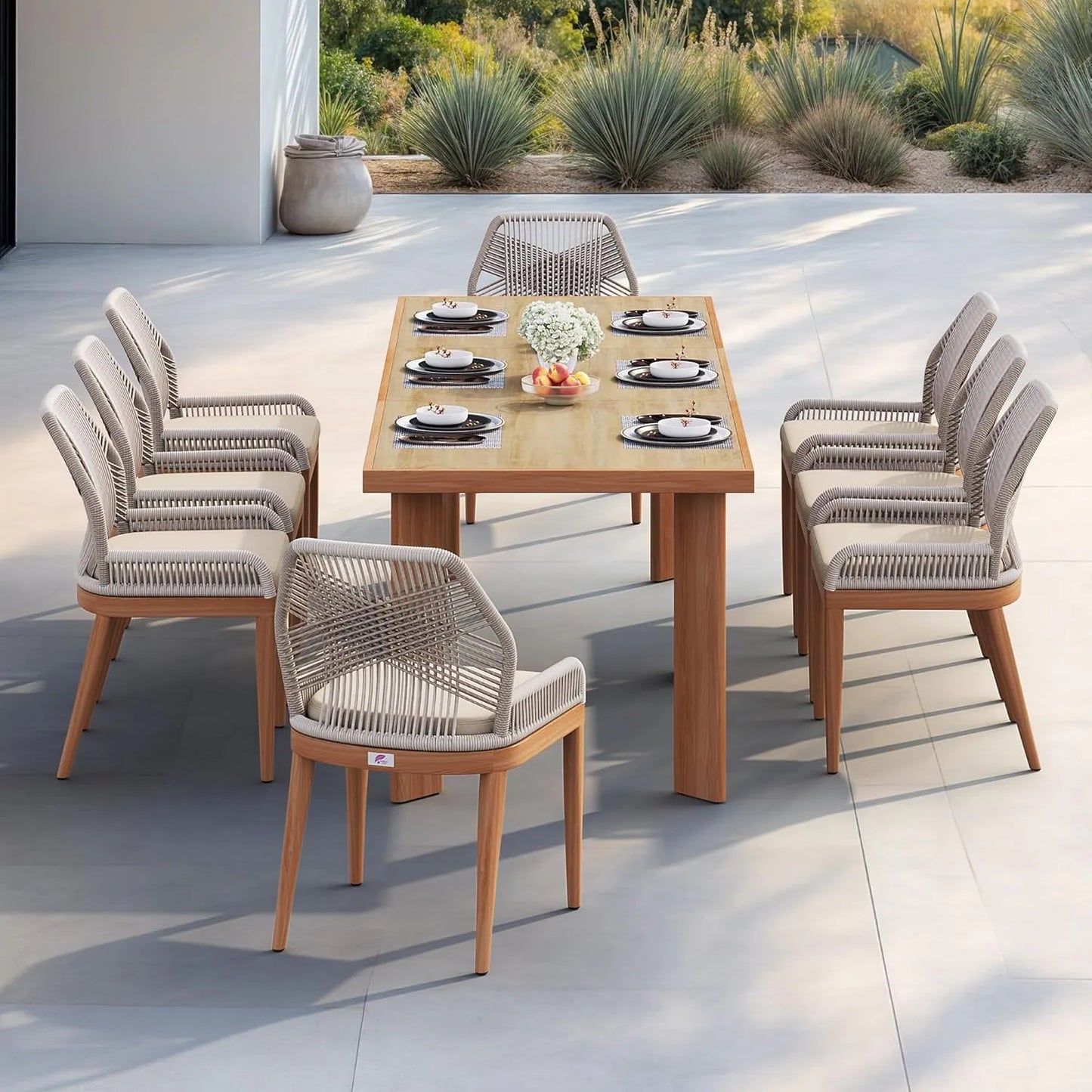 Dining Set Patio Metal Rectangular Table and Wicker Rattan Chairs for outside Porch Modern Outdoor Furniture Sets